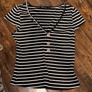 SHEIN Black and White Striped Button Tee